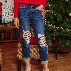 Judy Blue-Judy Blue-Charlotte Mid Rise Buffalo Plaid Knee Destroy Patches & Cuff